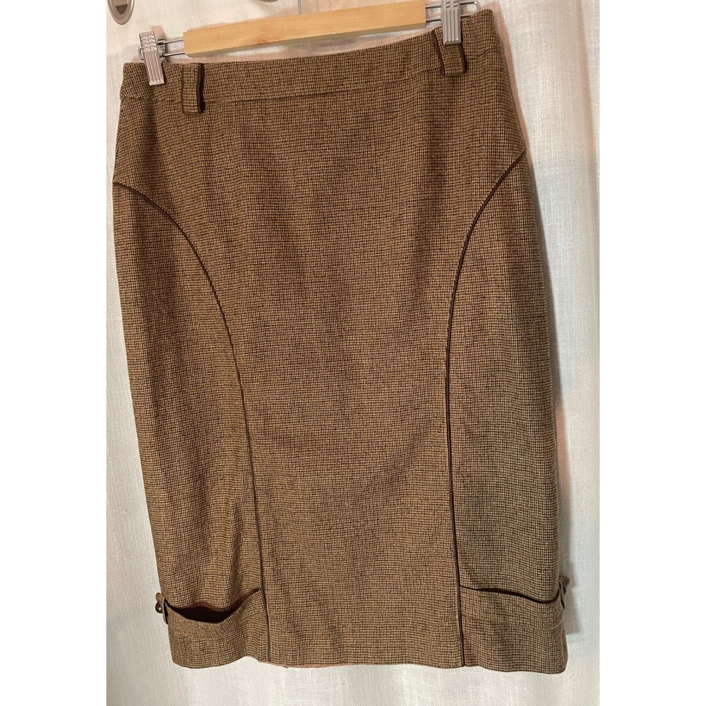 Vintage EMOZIONI Houndstooth Wool Blend Pencil‎ Skirt Brown Houndstooth Medium